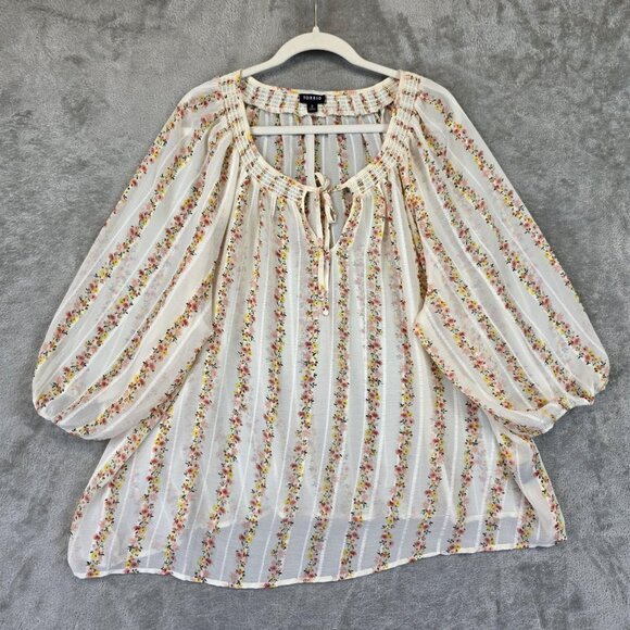 Torrid Peasant Blouse Womens 2XL White Floral Striped Sheer Boho Smocked Top - Picture 1 of 9